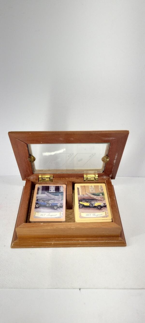 Vintage Wooden Playing Card Box Glass Display Case w/ 2 Peugeot 1907 Card Decks
